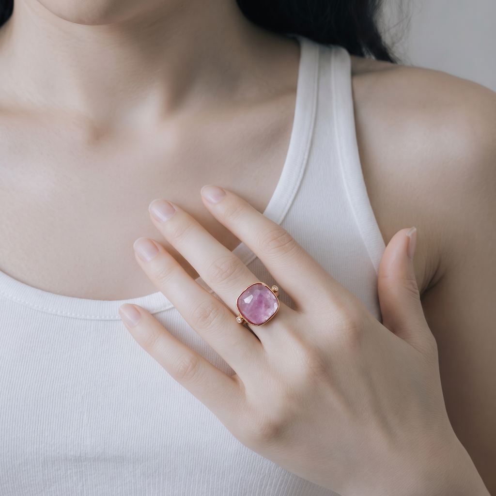 18K Gold Plated Copper Ring with Natural Purple Amethyst Stone, Adjustable