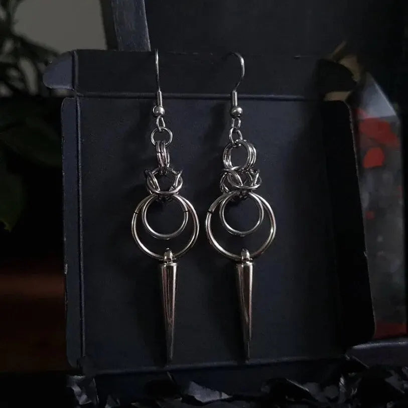 Y2K Gothic Stainless Steel Chainmail Double Loop Spike Earrings