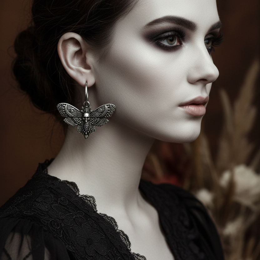 Gothic Vintage Moth Skull Head Zink Alloy Hoop Earrings