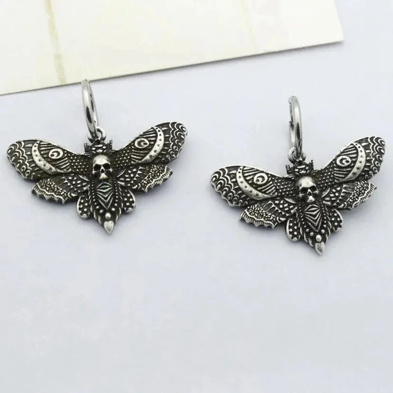 Gothic Vintage Moth Skull Head Zink Alloy Hoop Earrings