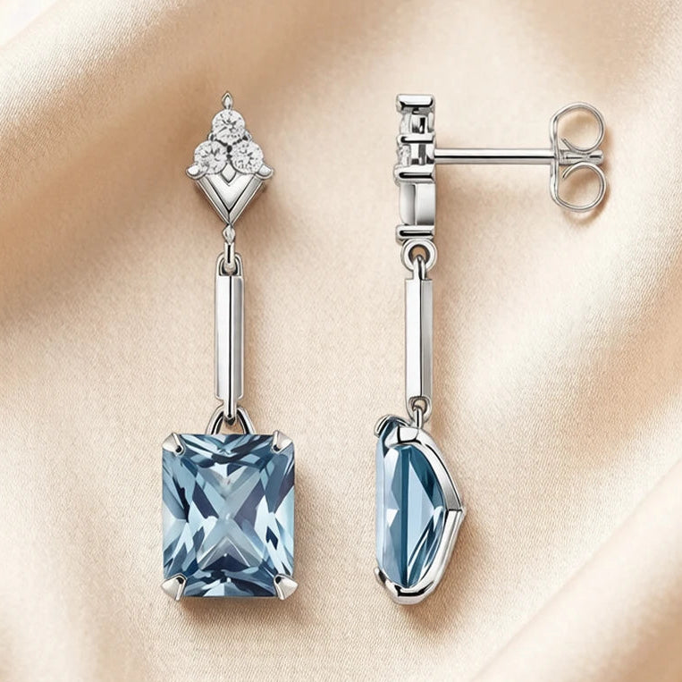 Square Aquamarine Stud Earrings In 925 Sterling Silver with Cubic Zirconia