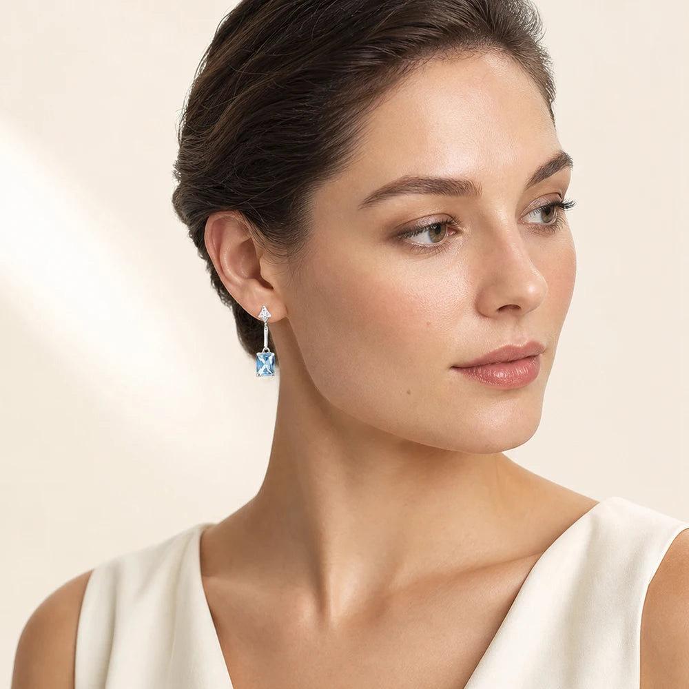 Square Aquamarine Stud Earrings In 925 Sterling Silver with Cubic Zirconia