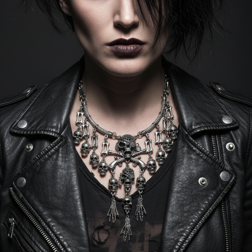 Pirate Goth Multi Skeleton Skull Rhinestone Choker Zinc Alloy Necklace