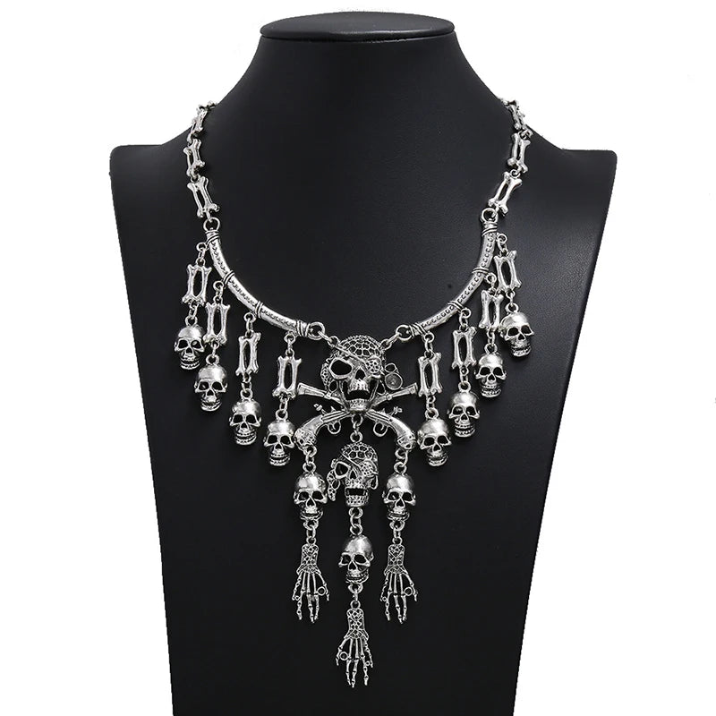 Pirate Goth Multi Skeleton Skull Rhinestone Choker Zinc Alloy Necklace