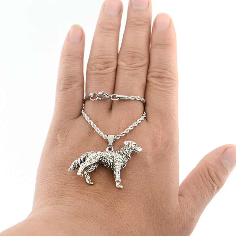 Vintage Style Golden Retriever Dog Pendant Necklace Antique Silver Plated