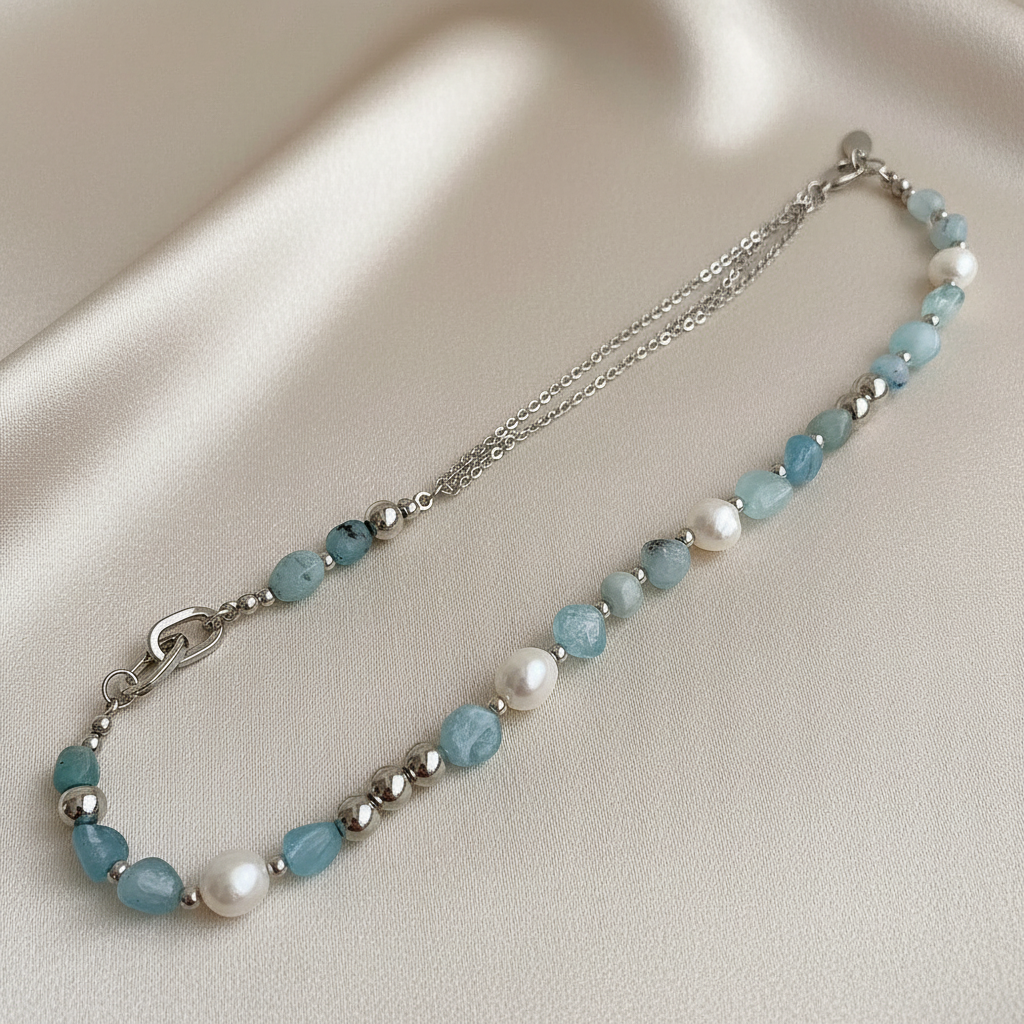 Natural Blue Crystal Freshwater Pearl Zinc Alloy Necklace