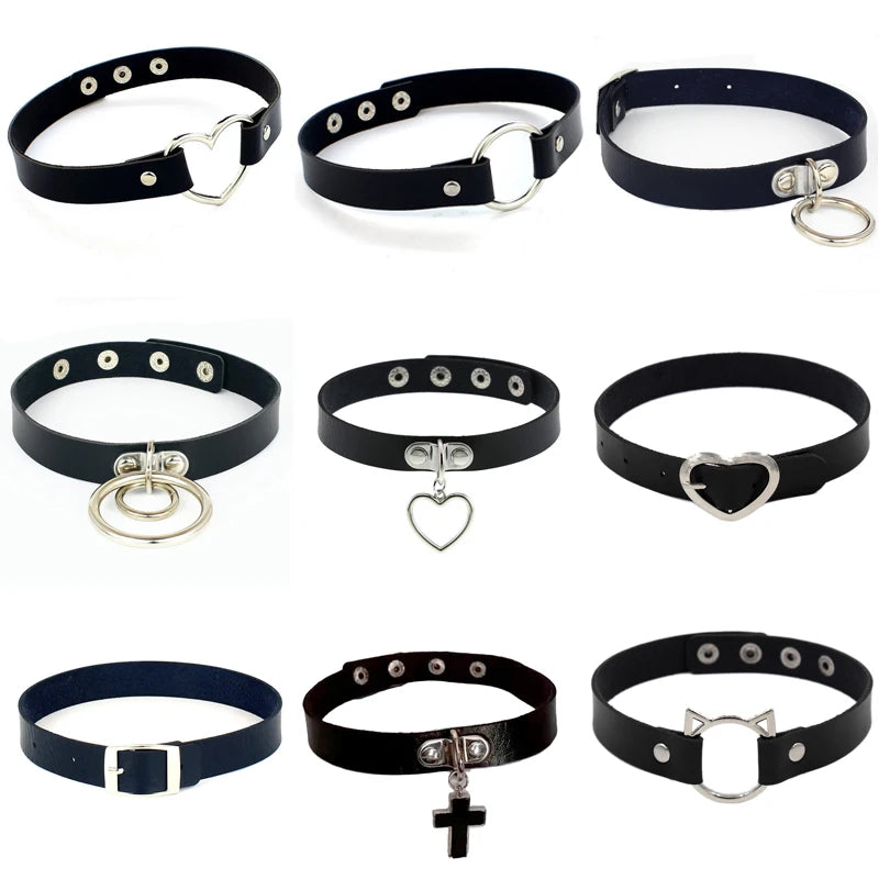 Gothic Punk Black Cross Heart Circle PU Leather Choker Selection