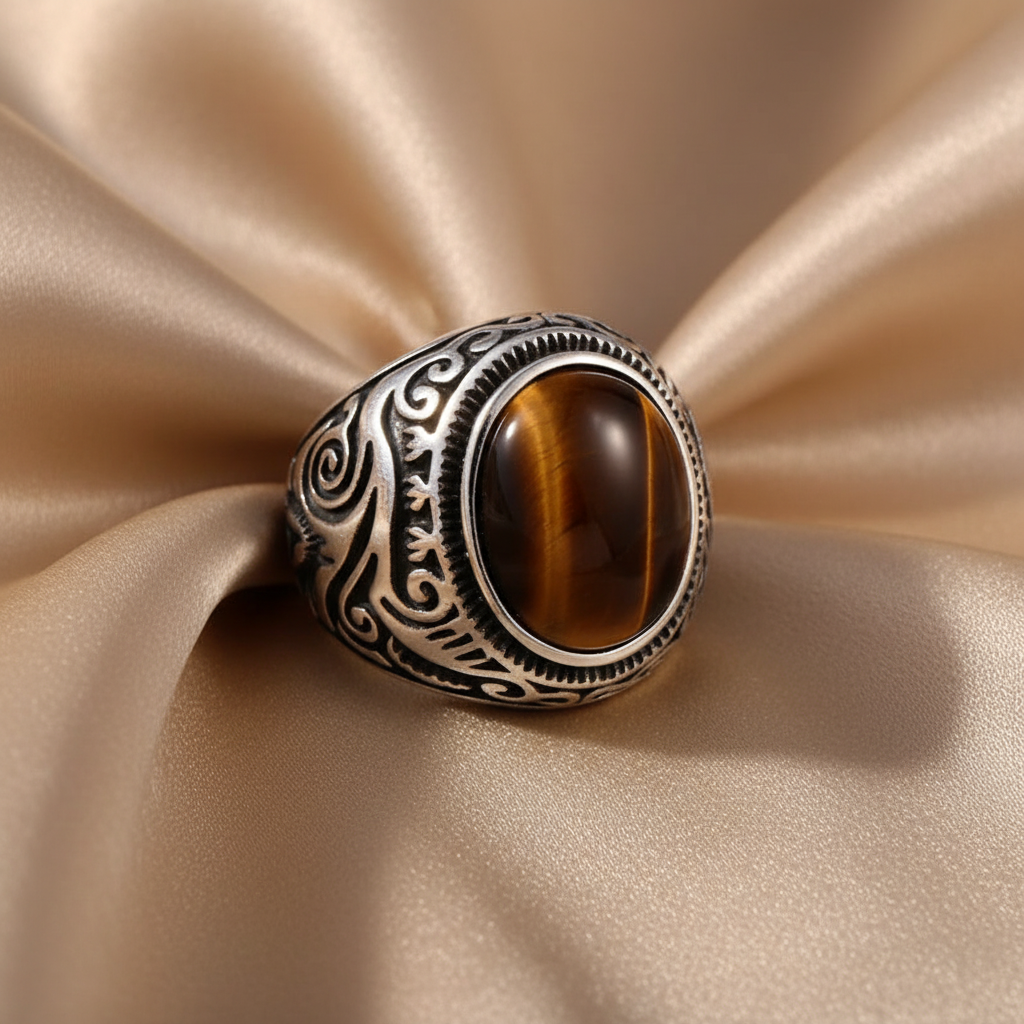 Ancient Oval Tiger Eye Large Stone Bold Ring in Stainless Steel
