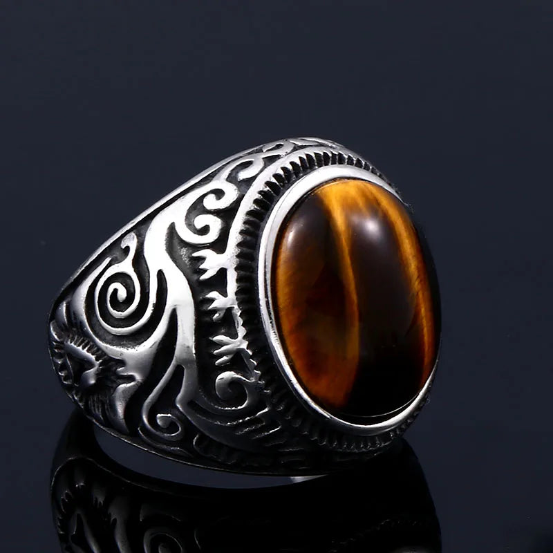 Ancient Oval Tiger Eye Large Stone Bold Ring in Stainless Steel