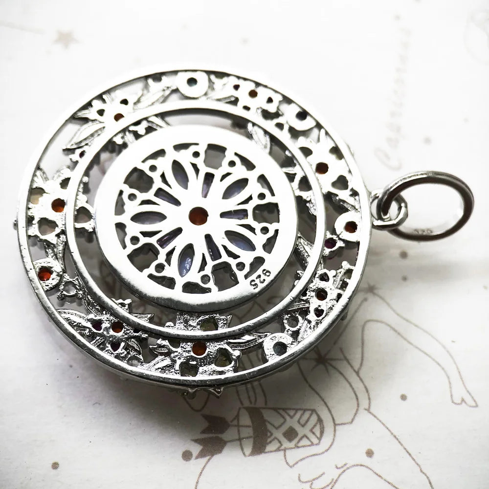 Flower Amulet Round Pendant in 925 Sterling Silver with Zircon Stones