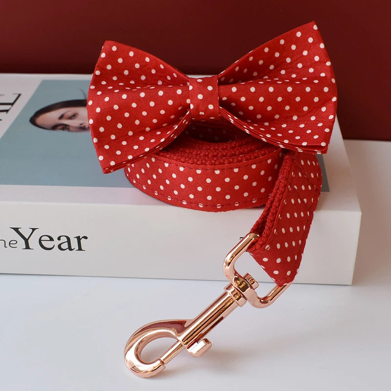 Cotton & Webbing Red Dot Bowtie Dog Collar Leash Set - Custom-Made, Zinc Alloy Buckle, Dog ID Tag
