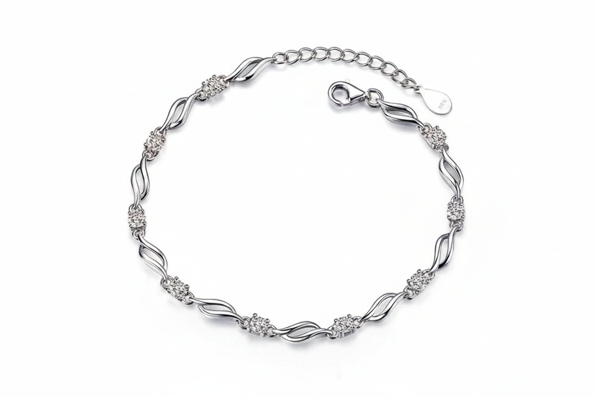 Chain Bracelet in 925 Sterling Silver with Clear or Purple Cubic Zirconia
