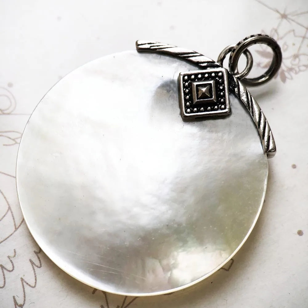 Large Mother of Pearl Disk Pendant in 925 Sterling Silver