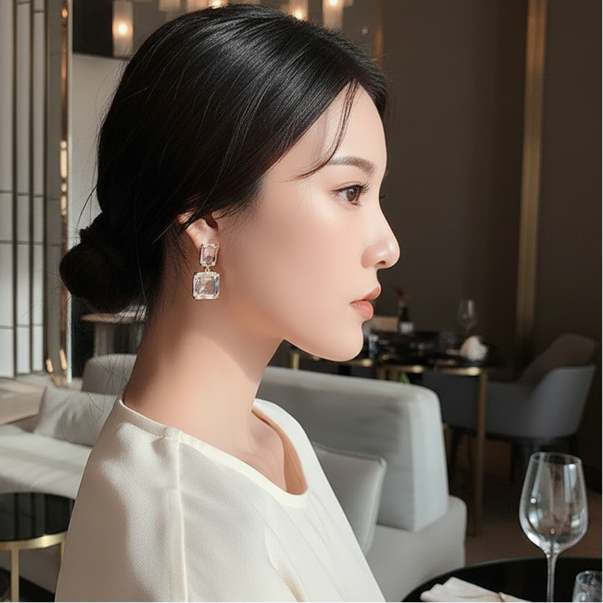 Stunning Glass Block Stud Earrings in Zinc Alloy