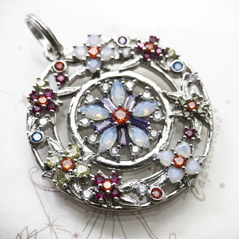 Flower Amulet Round Pendant in 925 Sterling Silver with Zircon Stones