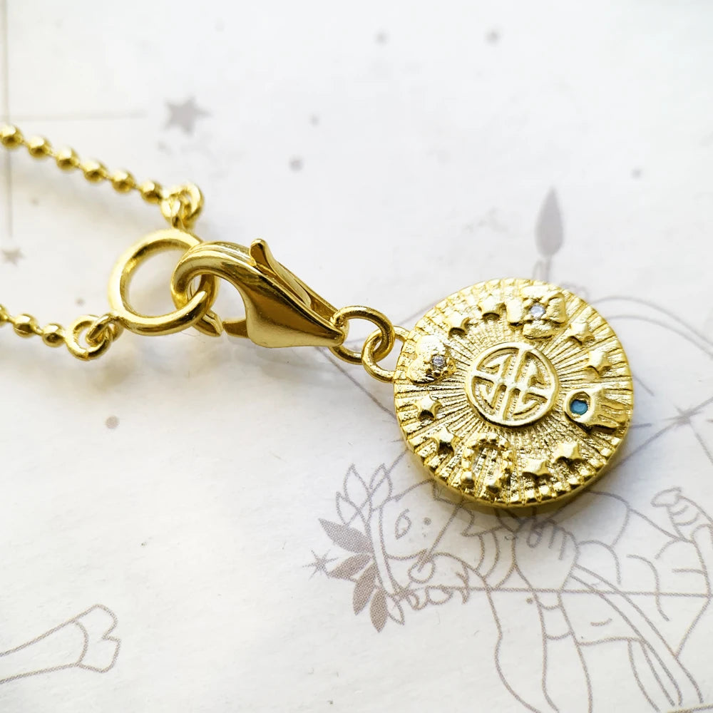 Lucky Coin Charm Necklace in Gold Tone 925 Sterling Silver with Zircons