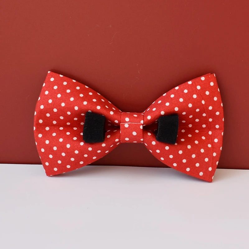 Cotton & Webbing Red Dot Bowtie Dog Collar Leash Set - Custom-Made, Zinc Alloy Buckle, Dog ID Tag