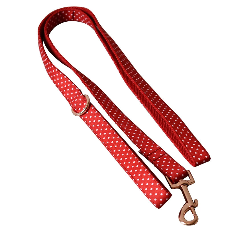 Cotton & Webbing Red Dot Bowtie Dog Collar Leash Set - Custom-Made, Zinc Alloy Buckle, Dog ID Tag