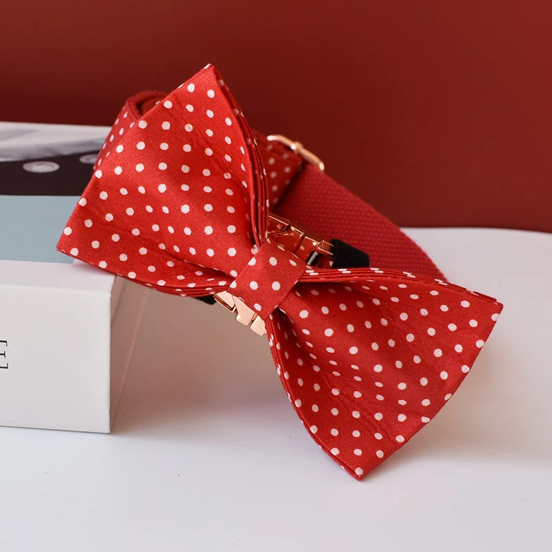 Cotton & Webbing Red Dot Bowtie Dog Collar Leash Set - Custom-Made, Zinc Alloy Buckle, Dog ID Tag