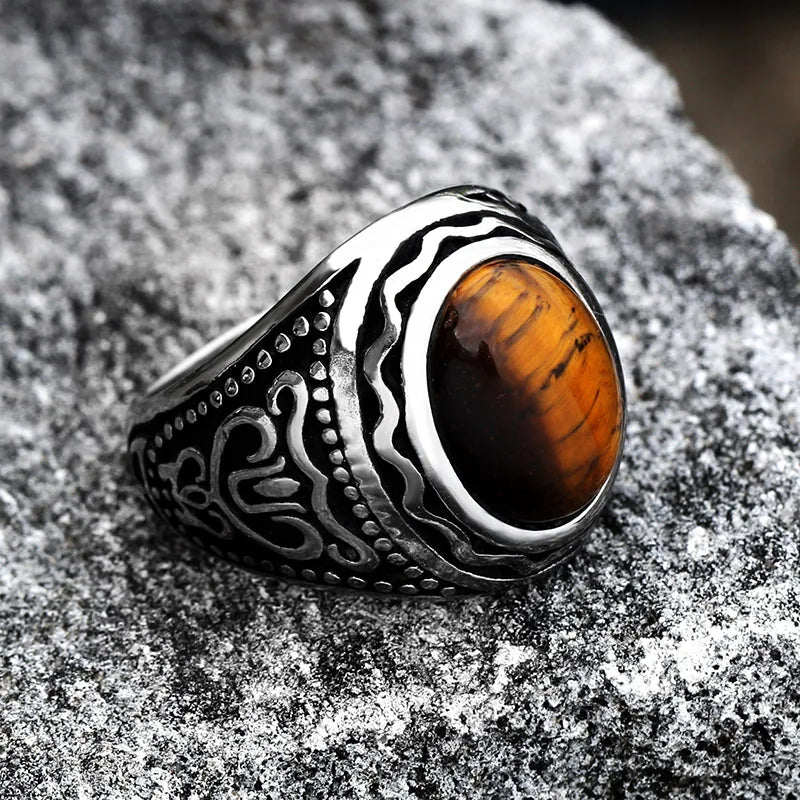 Ancient Oval Tiger Eye Large Stone Bold Ring in Stainless Steel