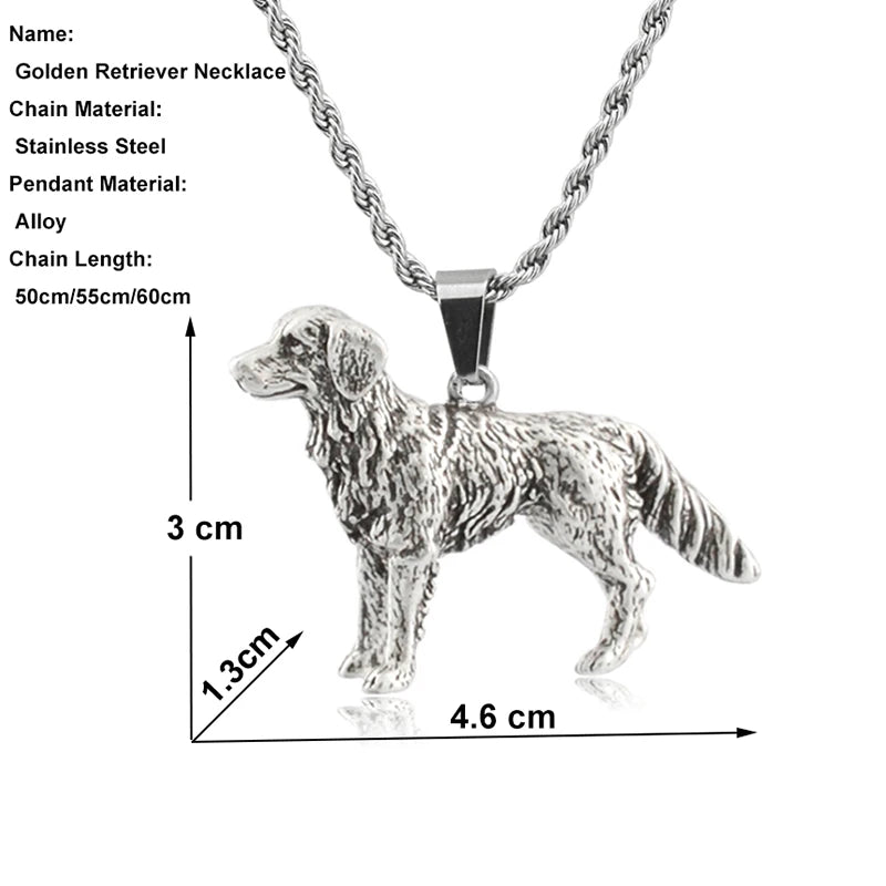 Vintage Style Golden Retriever Dog Pendant Necklace Antique Silver Plated
