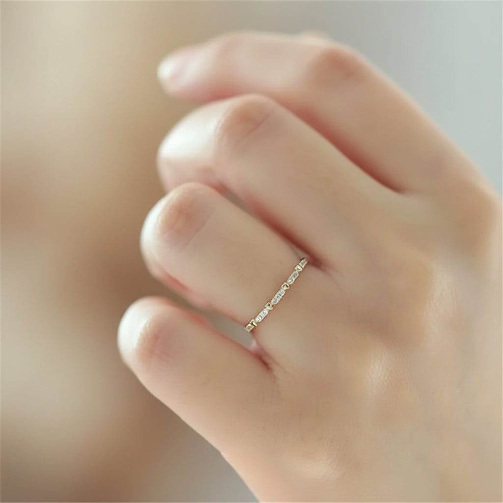 Minimalist Thin Hearts Copper Band Ring with Cubic Zirconia Stones