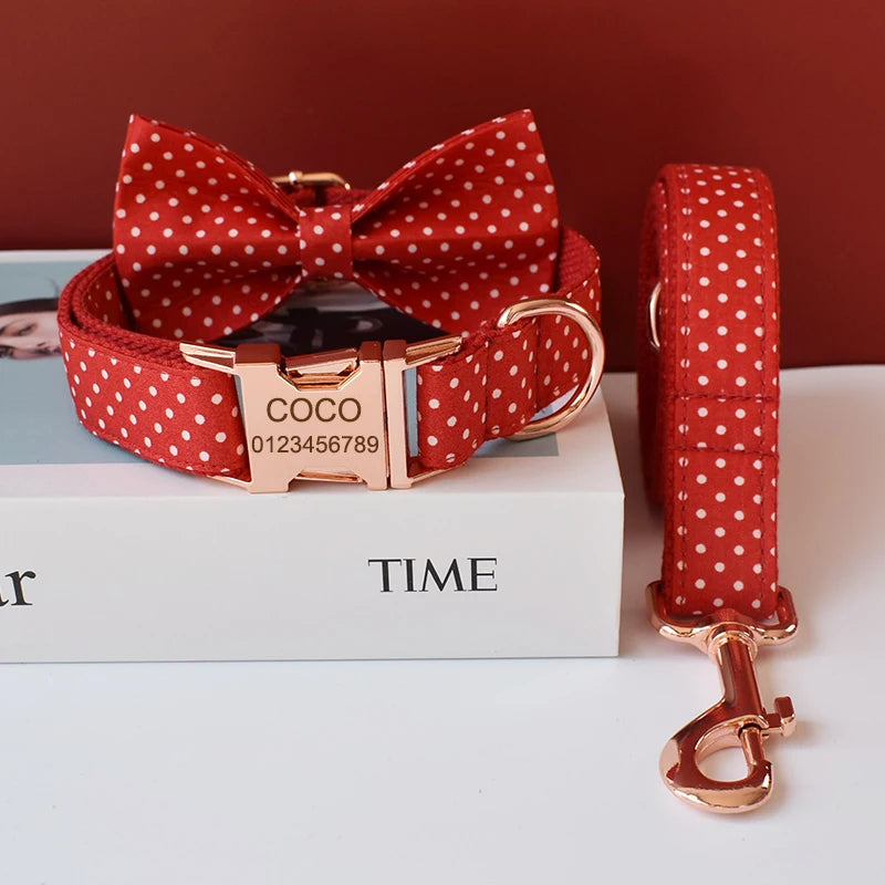 Cotton & Webbing Red Dot Bowtie Dog Collar Leash Set - Custom-Made, Zinc Alloy Buckle, Dog ID Tag