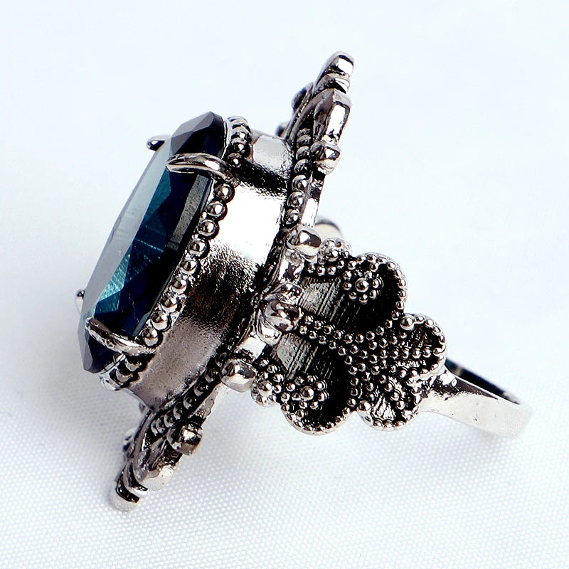 Large Oval Sapphire 925 Sterling Silver Plated Gothic Ring