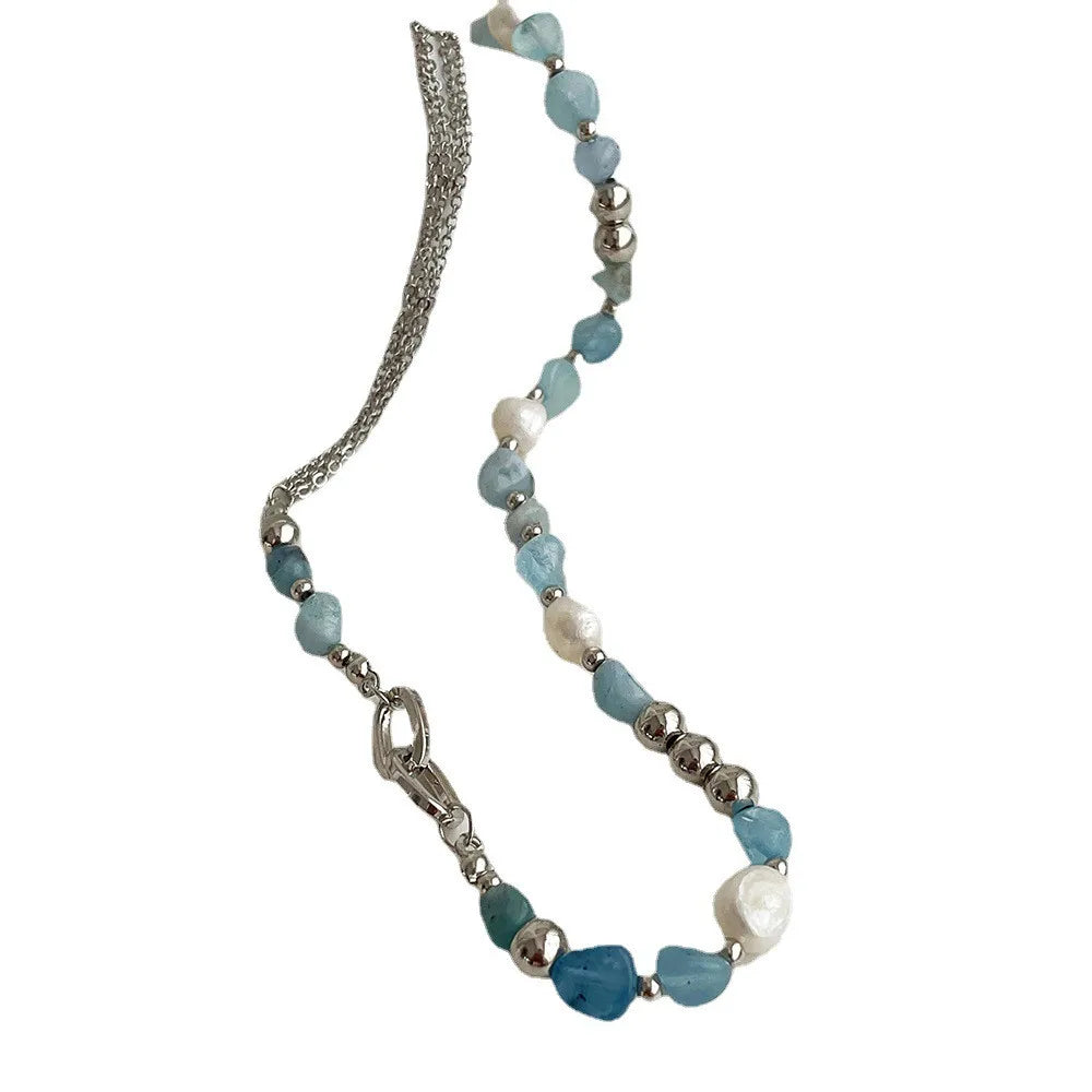 Natural Blue Crystal Freshwater Pearl Zinc Alloy Necklace