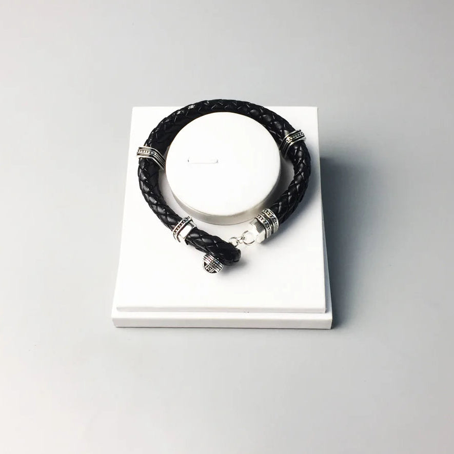 Rhodium Plated Stainless Steel Leather Rebel Punk Bracelet