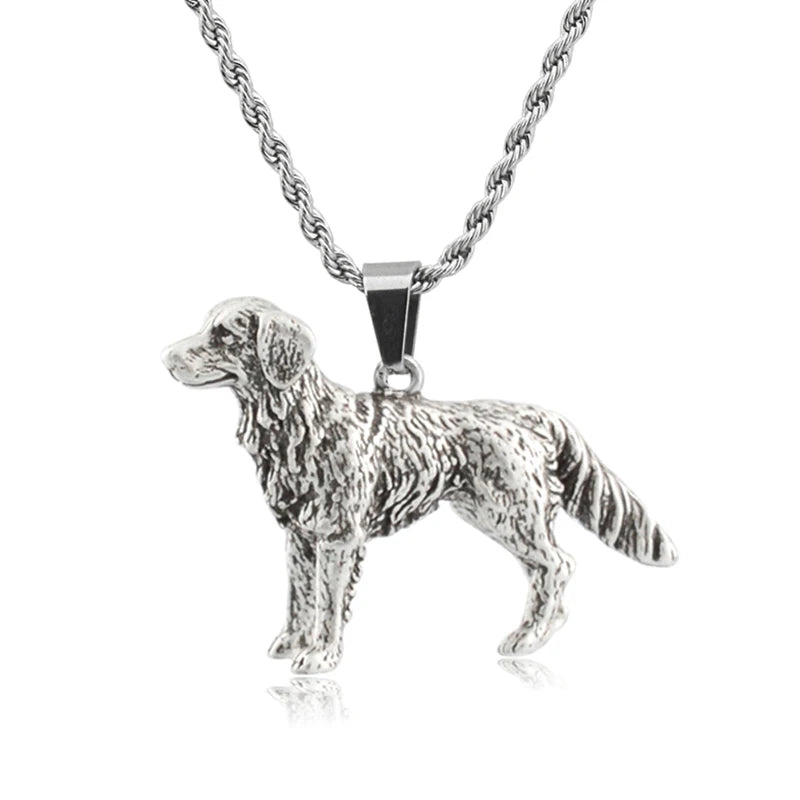 Vintage Style Golden Retriever Dog Pendant Necklace Antique Silver Plated