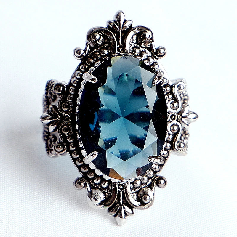 Large Oval Sapphire 925 Sterling Silver Plated Gothic Ring
