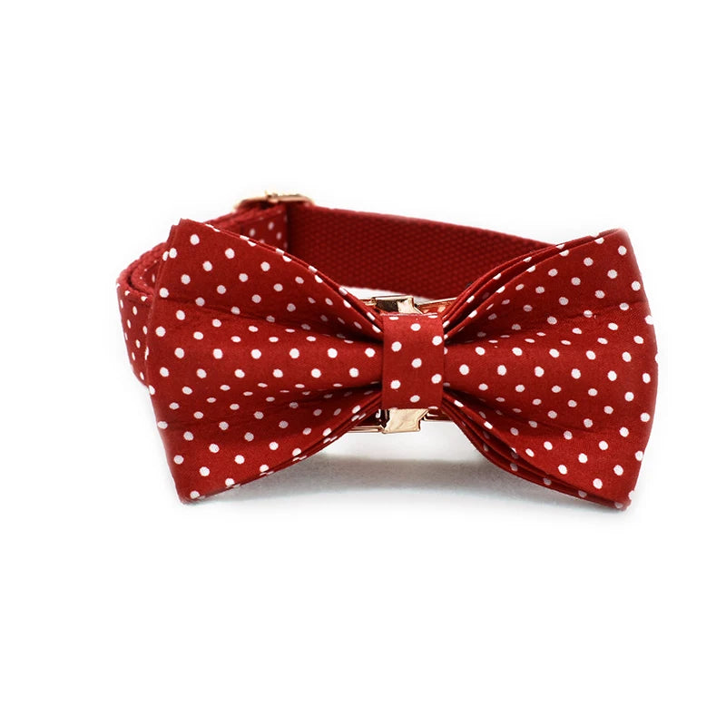 Cotton & Webbing Red Dot Bowtie Dog Collar Leash Set - Custom-Made, Zinc Alloy Buckle, Dog ID Tag