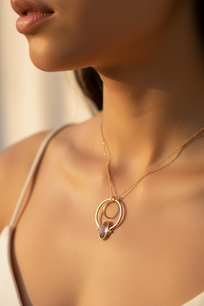 Convertible Ring & Pendant in Gold Plating with Zircon Amethyst