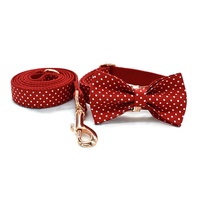 Cotton & Webbing Red Dot Bowtie Dog Collar Leash Set - Custom-Made, Zinc Alloy Buckle, Dog ID Tag