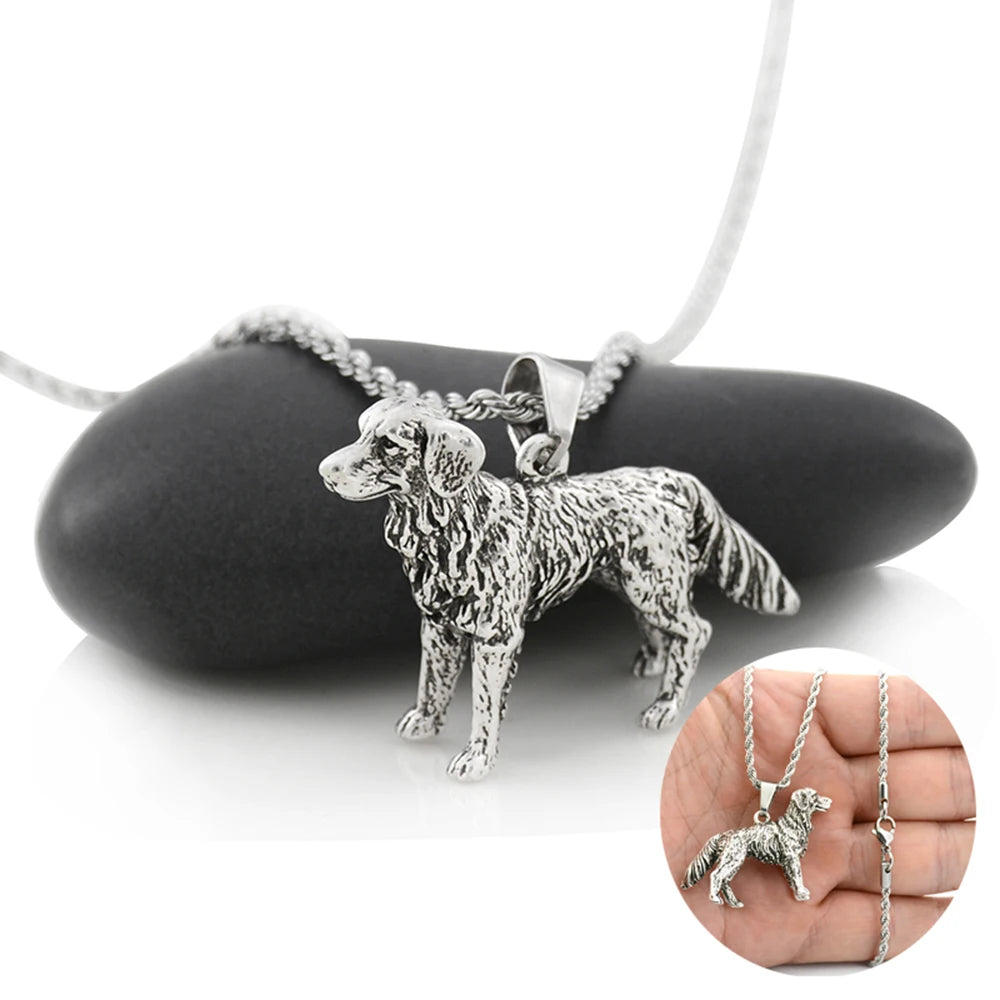 Vintage Style Golden Retriever Dog Pendant Necklace Antique Silver Plated