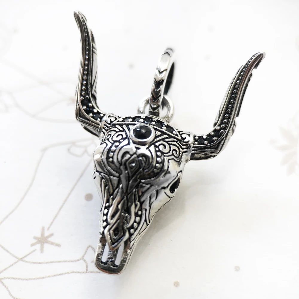 Blackened Bull Skull Pendant in 925 Sterling Silver with Black Zircon