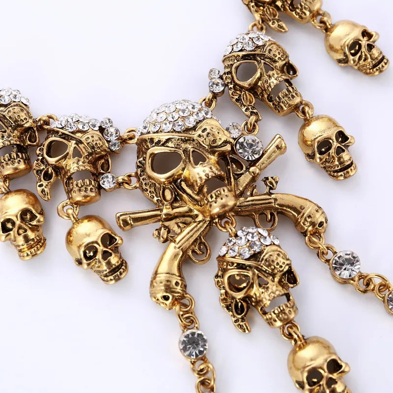 Pirate Goth Multi Skeleton Skull Rhinestone Choker Zinc Alloy Necklace