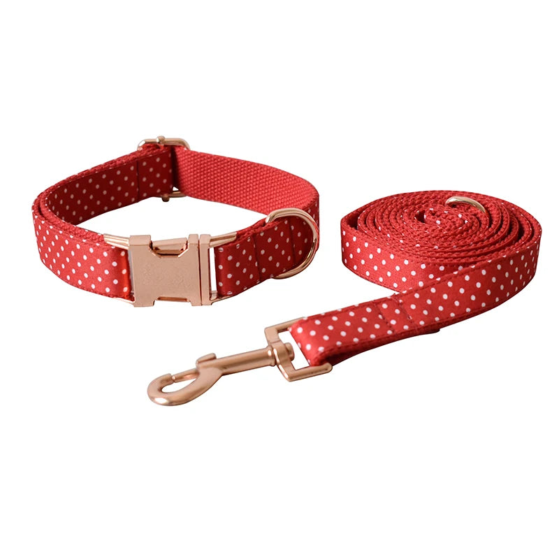 Cotton & Webbing Red Dot Bowtie Dog Collar Leash Set - Custom-Made, Zinc Alloy Buckle, Dog ID Tag