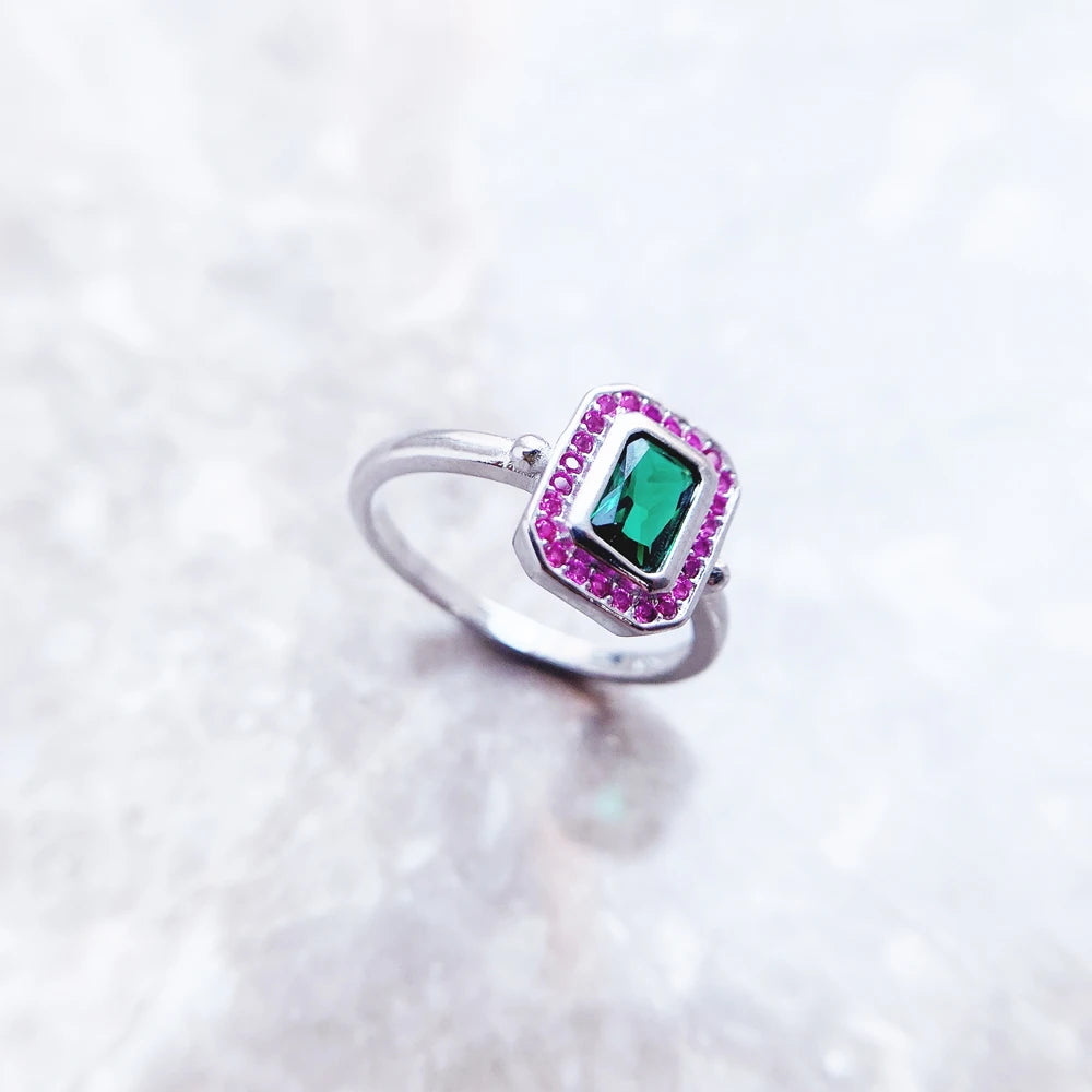 Green & Pink Zircons Cocktail Ring in 925 Sterling Silver