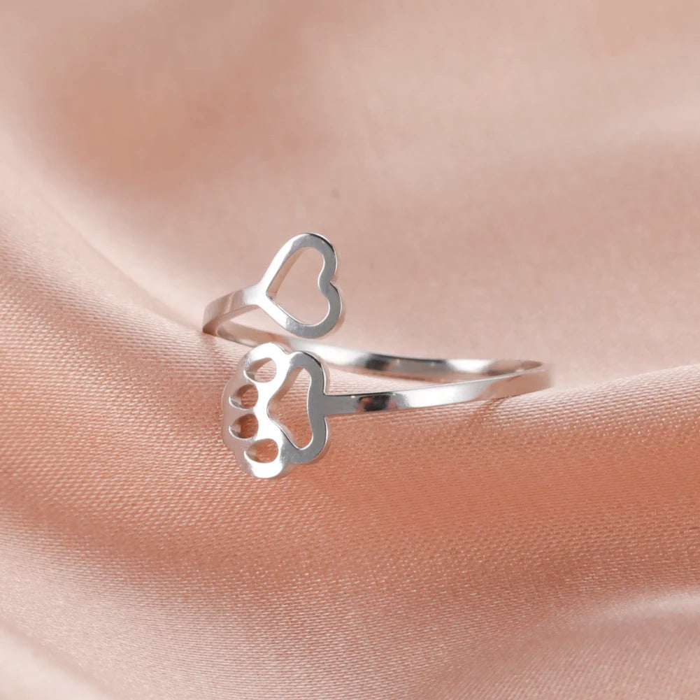 Gold/Silver Tone Stainless Steel Dog Paw Footprint Heart Ring Adjustable
