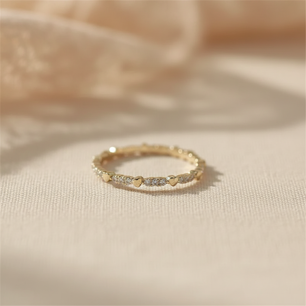 Minimalist Thin Hearts Copper Band Ring with Cubic Zirconia Stones