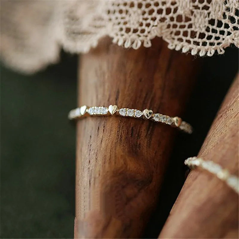 Minimalist Thin Hearts Copper Band Ring with Cubic Zirconia Stones