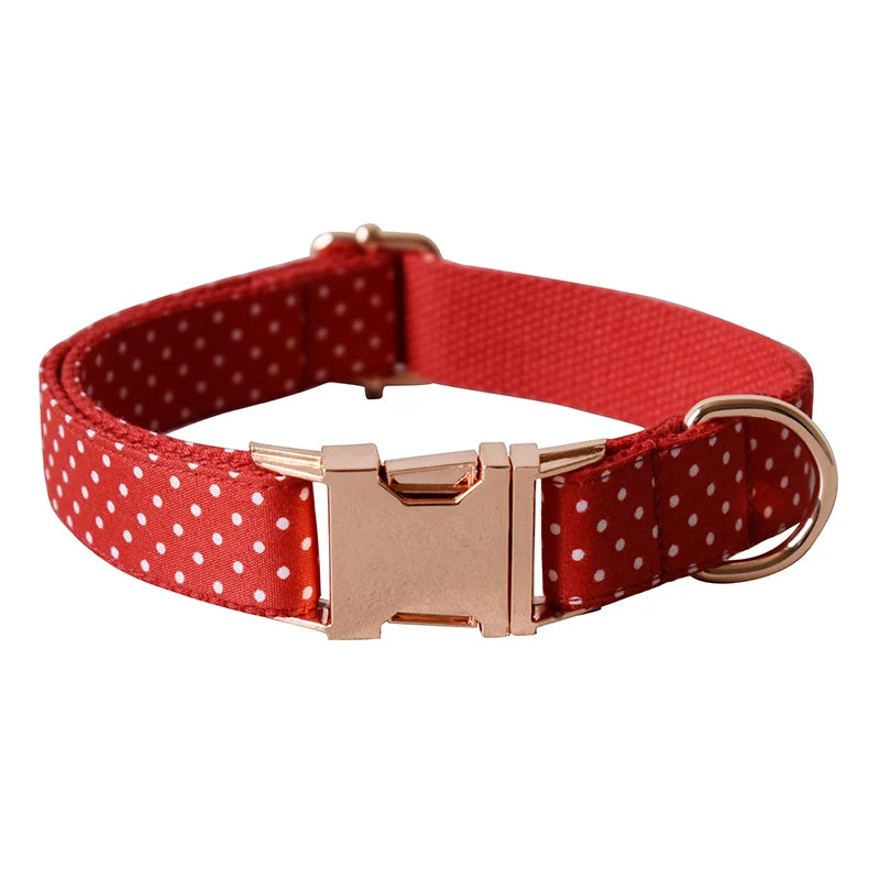 Cotton & Webbing Red Dot Bowtie Dog Collar Leash Set - Custom-Made, Zinc Alloy Buckle, Dog ID Tag