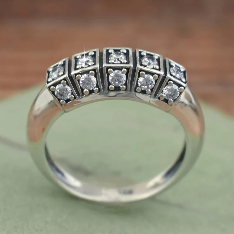 Retro Antique Inspired Square Alloy Ring with Round Zircons