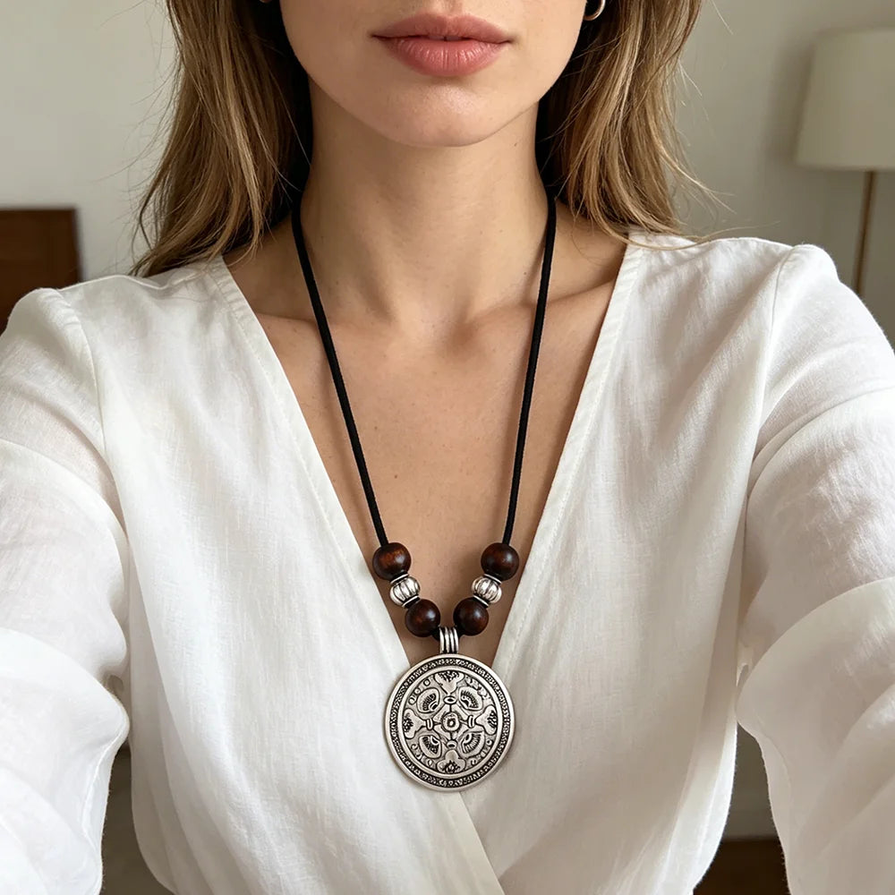Boho Circular Spiral Sweater Chain Zinc Alloy Wooden Beads Pendant