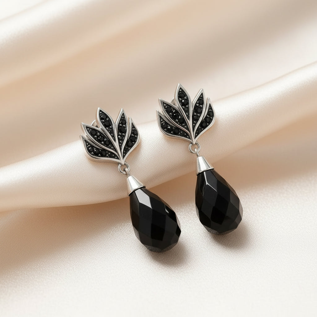 Black Flame Water Drop Earrings in 925 Sterling Silver with Zircons