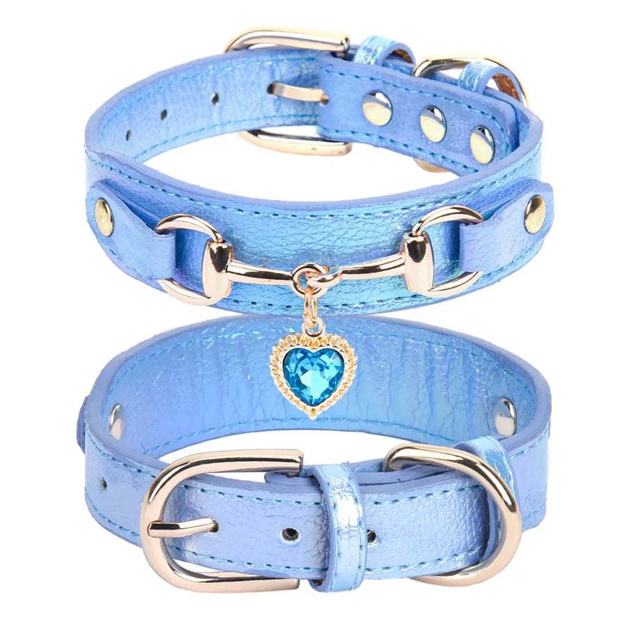 Adjustable PU Leather Pet Collar with Sparkling Rhinestones - Very Soft & Comfy