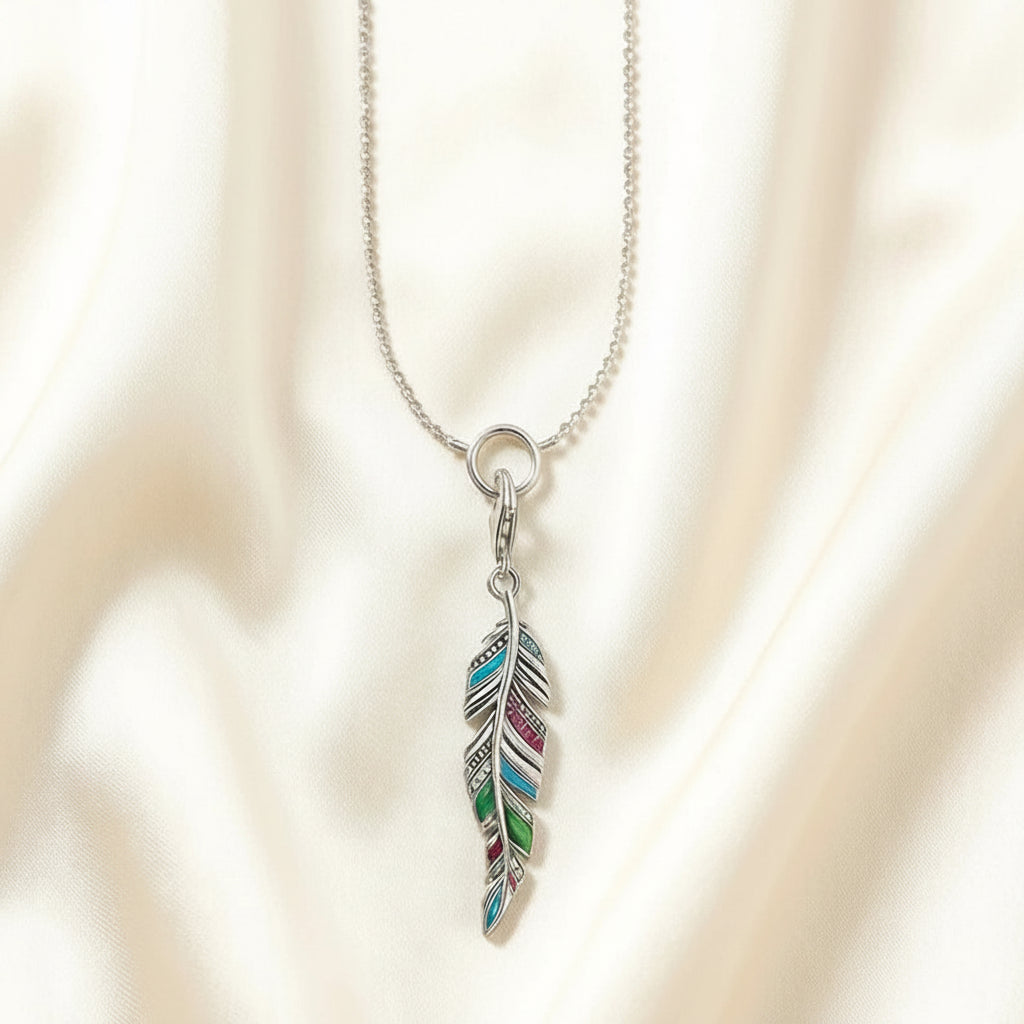 Colorful Feather Pendant Necklace is 925 Sterling Silver with Zircon Stones