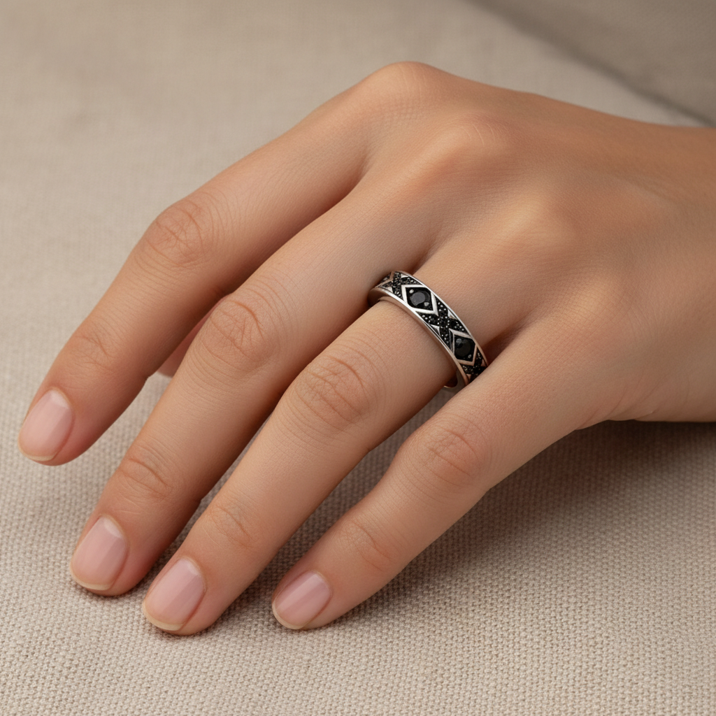 Ornament Band Ring in 925 Sterling Silver with Black Zircons